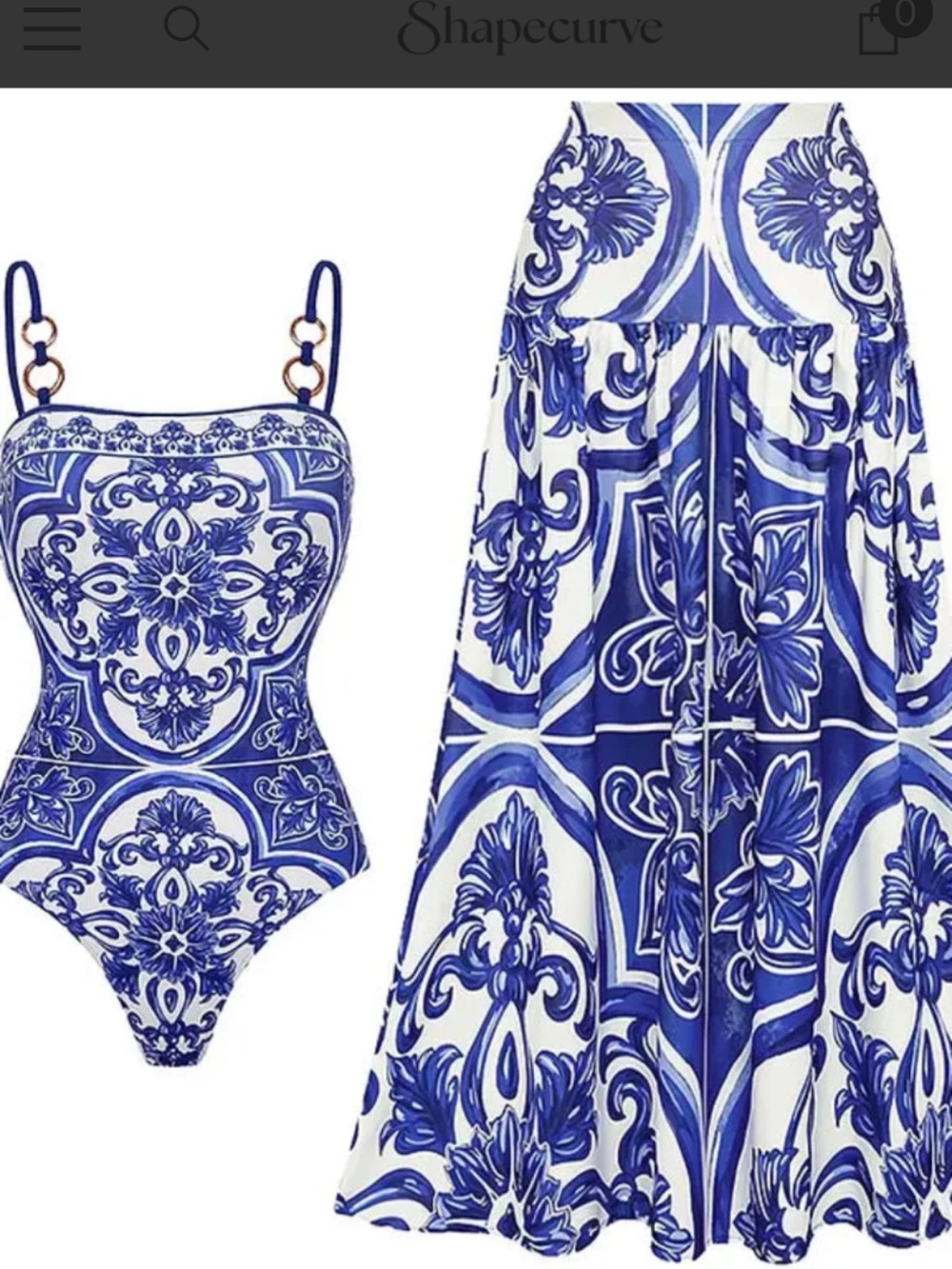Blue & White Baroque Print Swimsuit and Dress Set